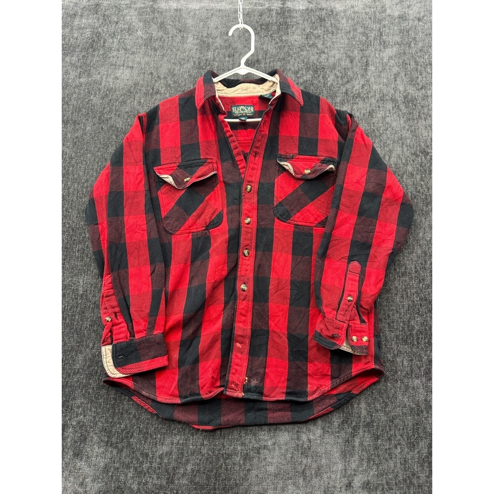 Elkoni Flannel Dress Shirt Men 17.5 Black Red Check Cotton Comfort Fit Button Up